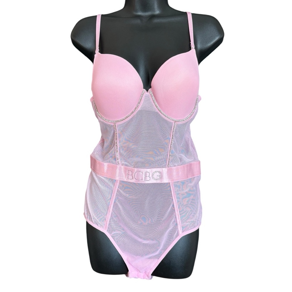 BCBGeneration Pink Mesh Rhinestone Bustier Bodysuit XL